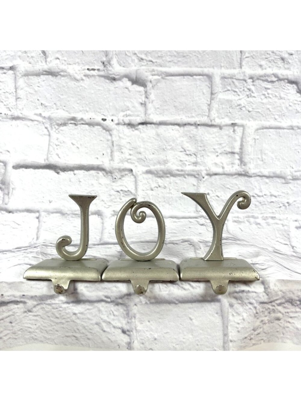 Vintage Pottery Barn Silver JOY Christmas Stocking Holders Weighted Mantel Hooks - Picture 12 of 12